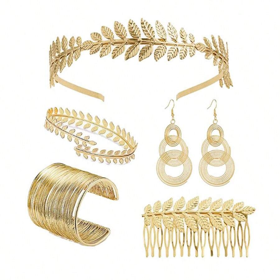 5pcs/Set Greek Goddess Style Clothing And Accessories Set, Including Leaf Shaped Crowns, Headbands, Bracelets, Earrings, Bridal Headpieces Halloween