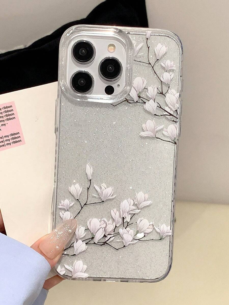 1 Stück transparentes glitzerndes weißes Blumendesign Handyhülle, volle Kameraabdeckung, stoßabsorbierend, geeignet für Frauen/Mädchen Handys, kompatibel mit Apple Handy