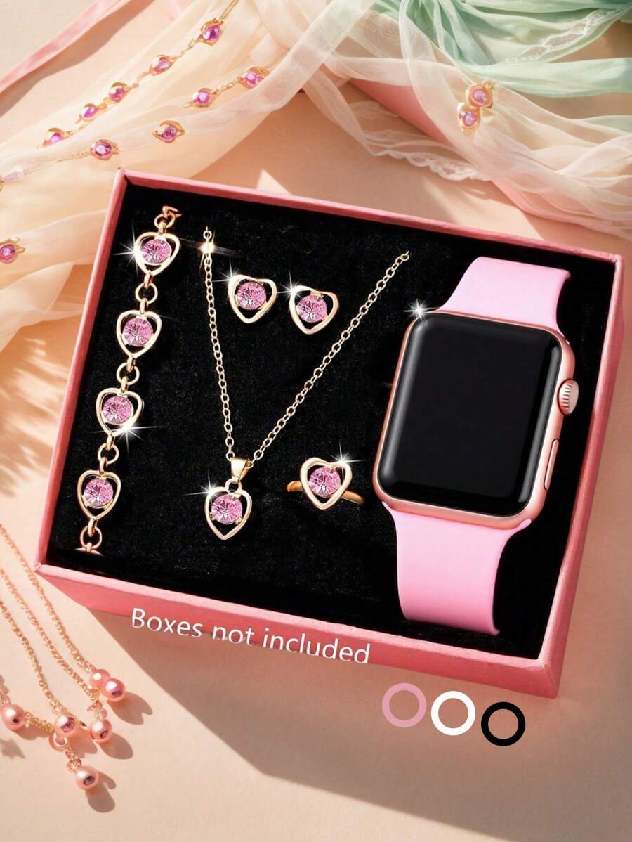 Relógio eletrônico quadrado com visor digital LED, clássico, romântico e elegante para meninas, 6/1 peça, adequado para meninas usarem, equipado com pulseira de joias, colar, anel, conjunto de brincos, adequado para estudantes, perfeito para o dia a dia, como escola, festas e viagens, muito adequado para presentear amigos, presentes de aniversário, temporada de formatura, é o presente perfeito para meninas