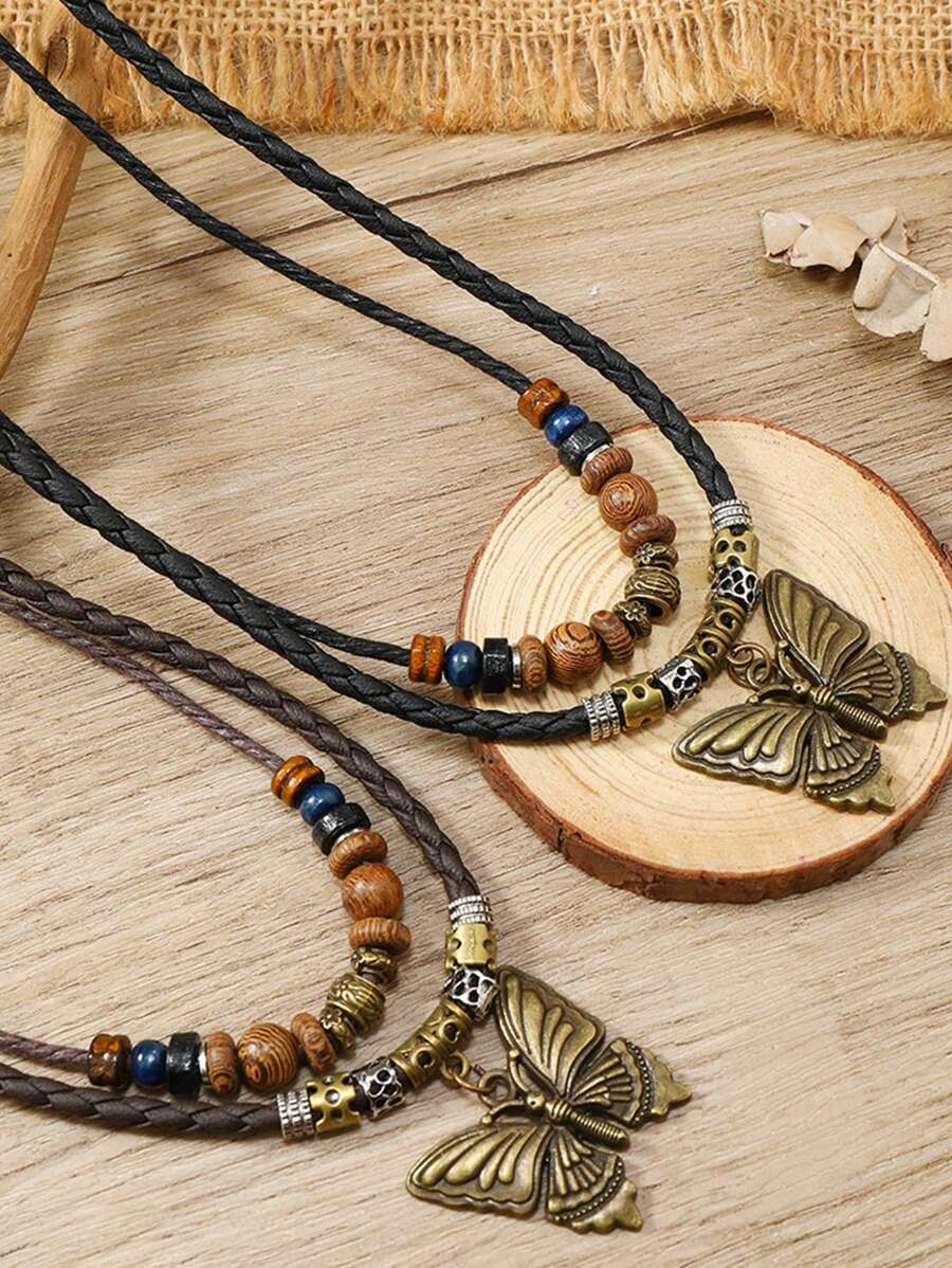 1pc Retro Personalized Men's Necklace, Handmade Metal Butterfly Pendant Beaded Sweater Chain, Suitable For Daily Wear