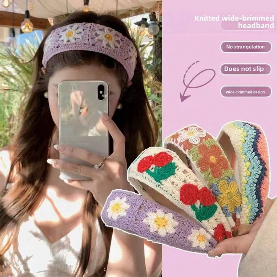 1pc Daisy & Cherry Knitted Wide-Brimmed Hair Hoop, Headband For Top Of Head Hair Styling, Adult Hair Accessory