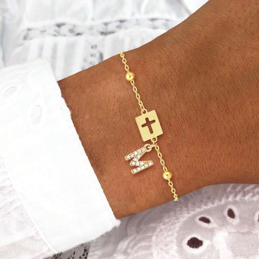 1 pieza Pulsera de acero inoxidable chapado en oro con cuentas, de estilo sencillo y moderno, con forma de rectángulo hueco y con cruz con pavé de circonita, para mujer