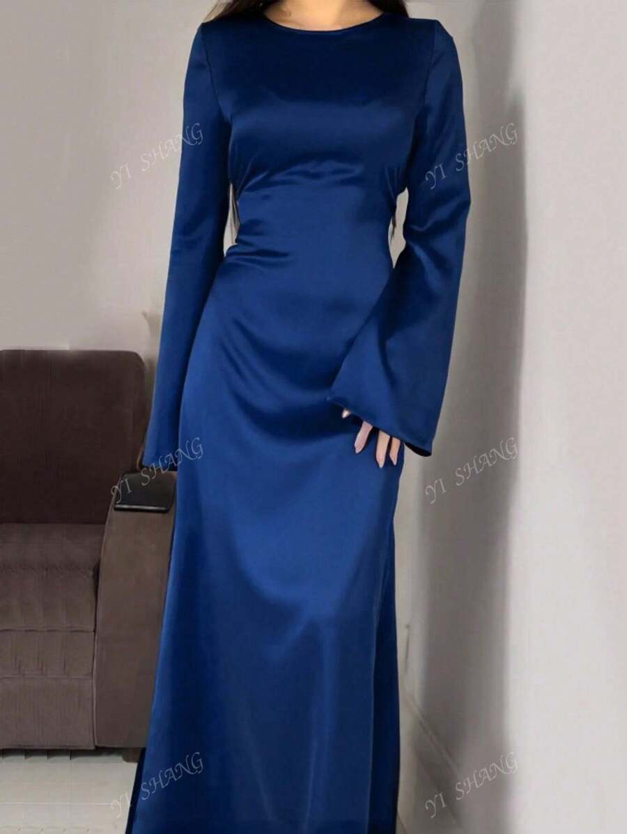 Women's Round Neck Flared Sleeve Tie-Up Elegant Arabic Style Long Dress