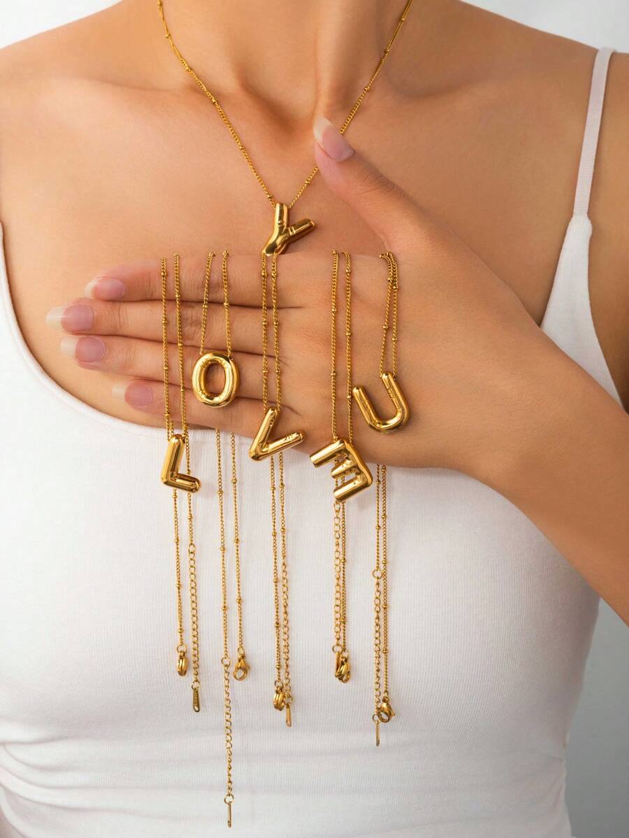 1 pièce Collier pendentif à lettre initiale de ballon à bulles en acier inoxydable plaqué or épais pour femmes et hommes, bijoux de mode personnalisés