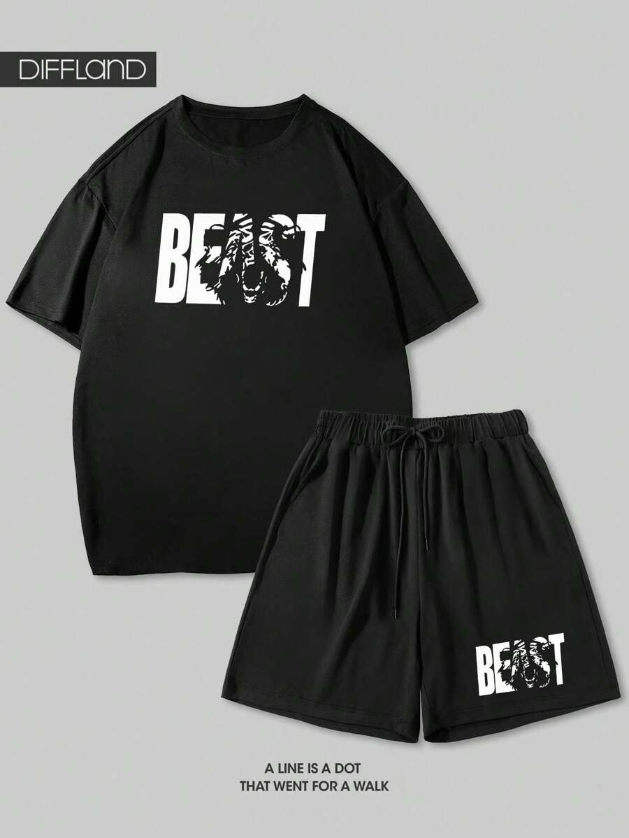 مجموعة تيشرت أسود وشورت مطبوع عليها "BEAST" (الوحش) - أنيقة للجيم والملابس الرياضية، طقم رجالي أسود بطبعة "BEAST" ، للتمارين والموضة الحضرية