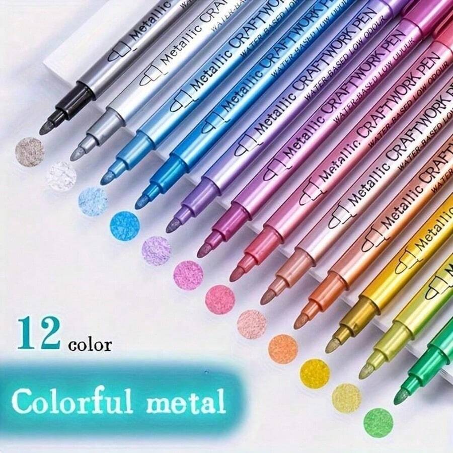 12pcs Metallic Pens - Gold, Silver And Copper, Suitable For Crafts, Signatures And Art Projects, Markers, Signature Pens, Paintbrushes, School Supplies, Back To School Stationery
