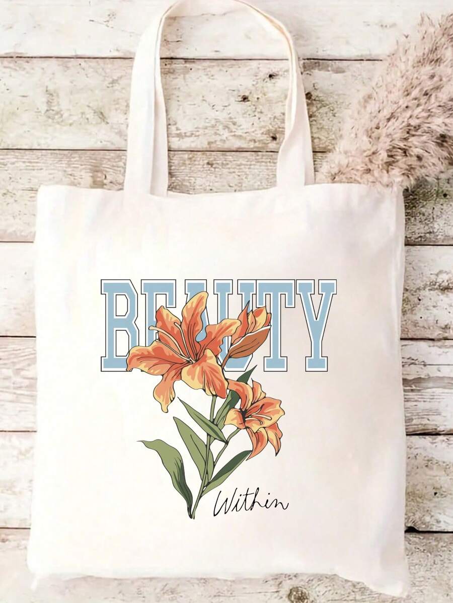 New Fashion Orange Floral Letter Print Multipurpose Tote Bag, Large Capacity Convenient For School, Campus, Library, Shopping, Travel, Outdoor, Casual