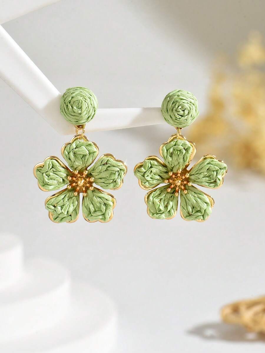 OOQ 1 Pair Handmade Boho Style Rattan Woven Colorful Flower Drop Earrings, Unique Design With Elegant Feel, Suitable For Women Casual, Holiday, Party Wear (There May Be Minor Imperfections Due To Handcraft)