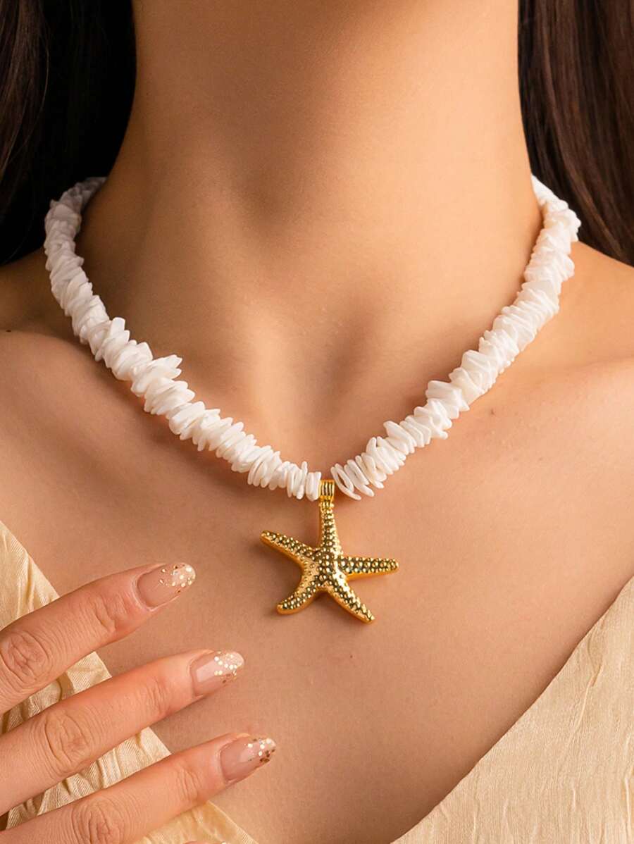 1 Stück modische Muschelperlen Seestern Anhänger Halskette für Frauen, Sommer BOHO Stil Strand Urlaub Choker, Geschenk für unisex