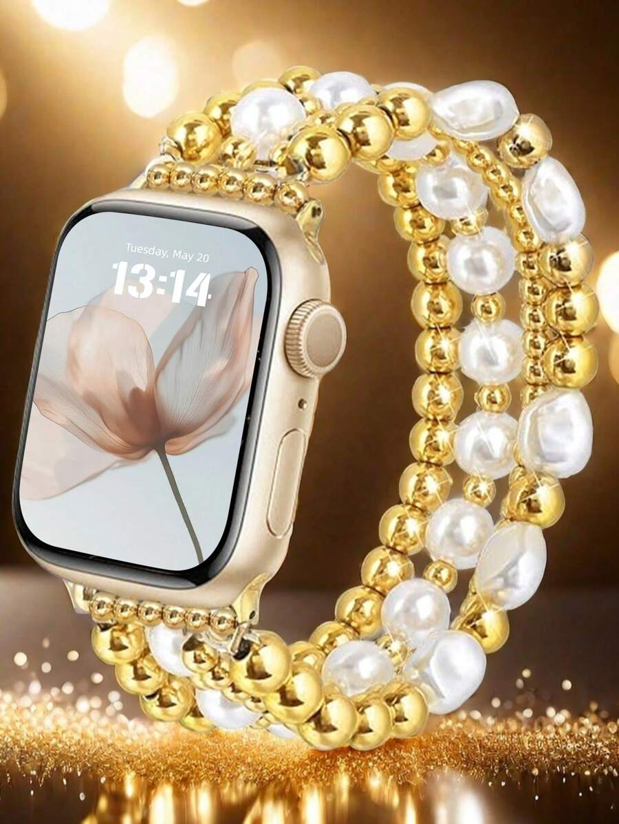 Pulseira de relógio feminina, pulseira de relógio com contas de pérola douradas, compatível com 38/40/41/42/44/45/46/49 mm, compatível com Ultra/Se/10/9/8/7/6/5/4/3/2/1, feita à mão, pulseira elástica leve, estilo retrô, adequada para uso diário e como presente de aniversário, pulseira de relógio