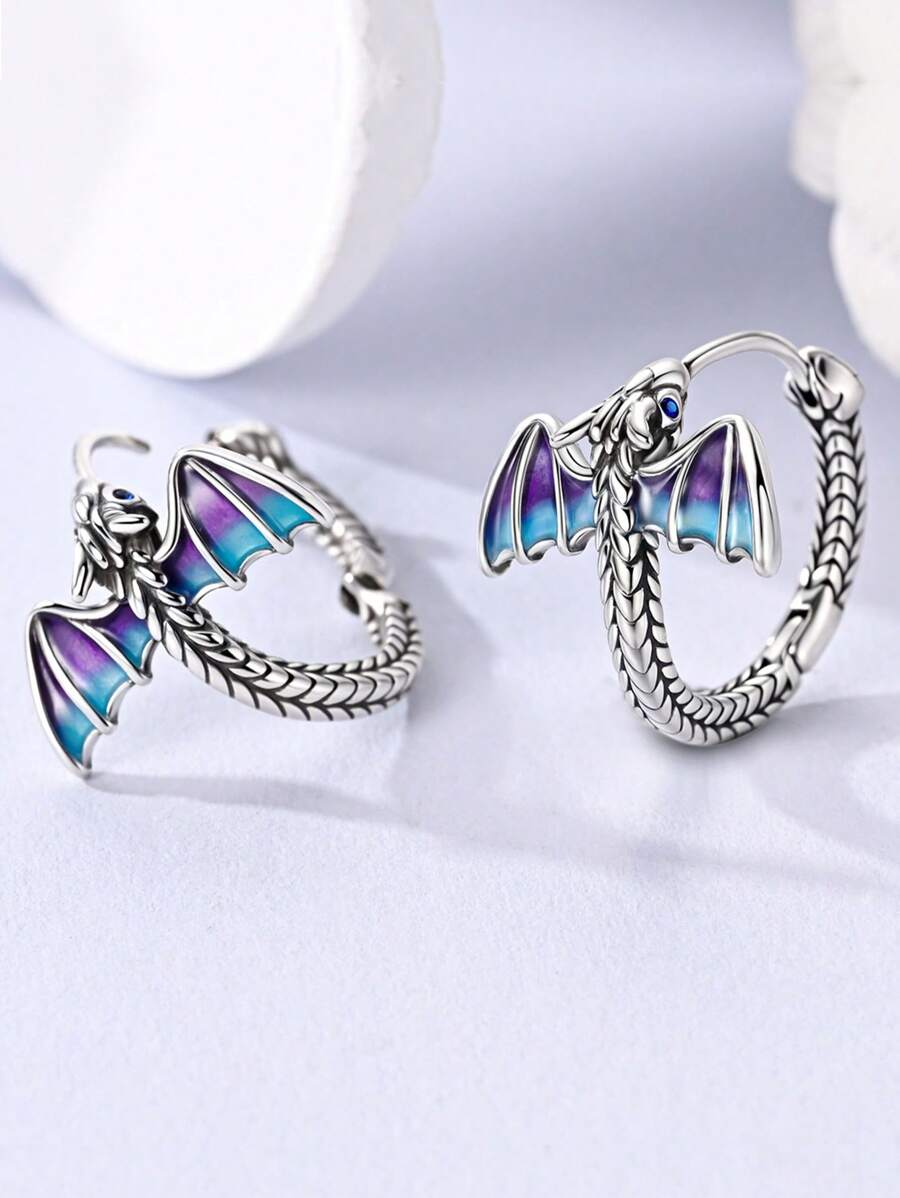 925 Sterling Silver Women's Hoop Earrings, Elegant Dragon & Snake Bone Pattern Enamel Shiny Cubic Zirconia Inlaid, Luxury Jewelry Gift For Women, Suitable For Daily, Party And Banquet