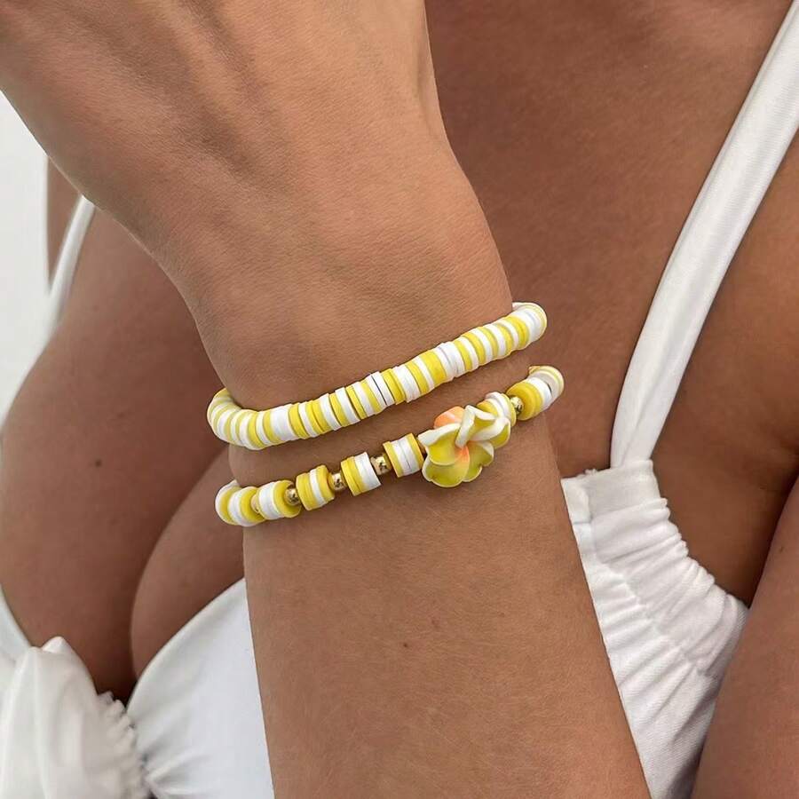 1 Set Of 2 Bohemian Style Handmade Polymer Clay Bead & Resin Flower Elastic Bracelets, Summer Beach Dopamine Gradient Floral Layered Bracelets For Women, Suitable For Daily Wear And Vacation