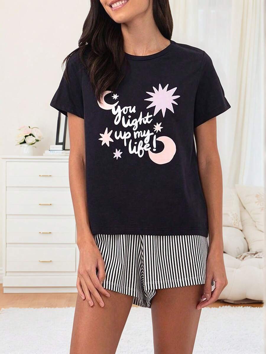 Set de 2 piezas de pijama informal de verano para mujer con estampado de letras, manga corta y pantalones cortos sueltos