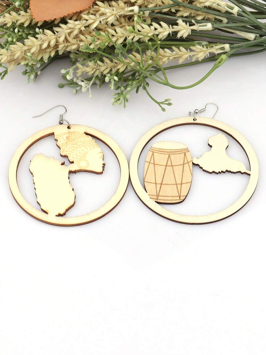 1 Pair Wooden Hollow Geographical Map Earrings, Vintage African Pattern Wooden Round Boho Earrings