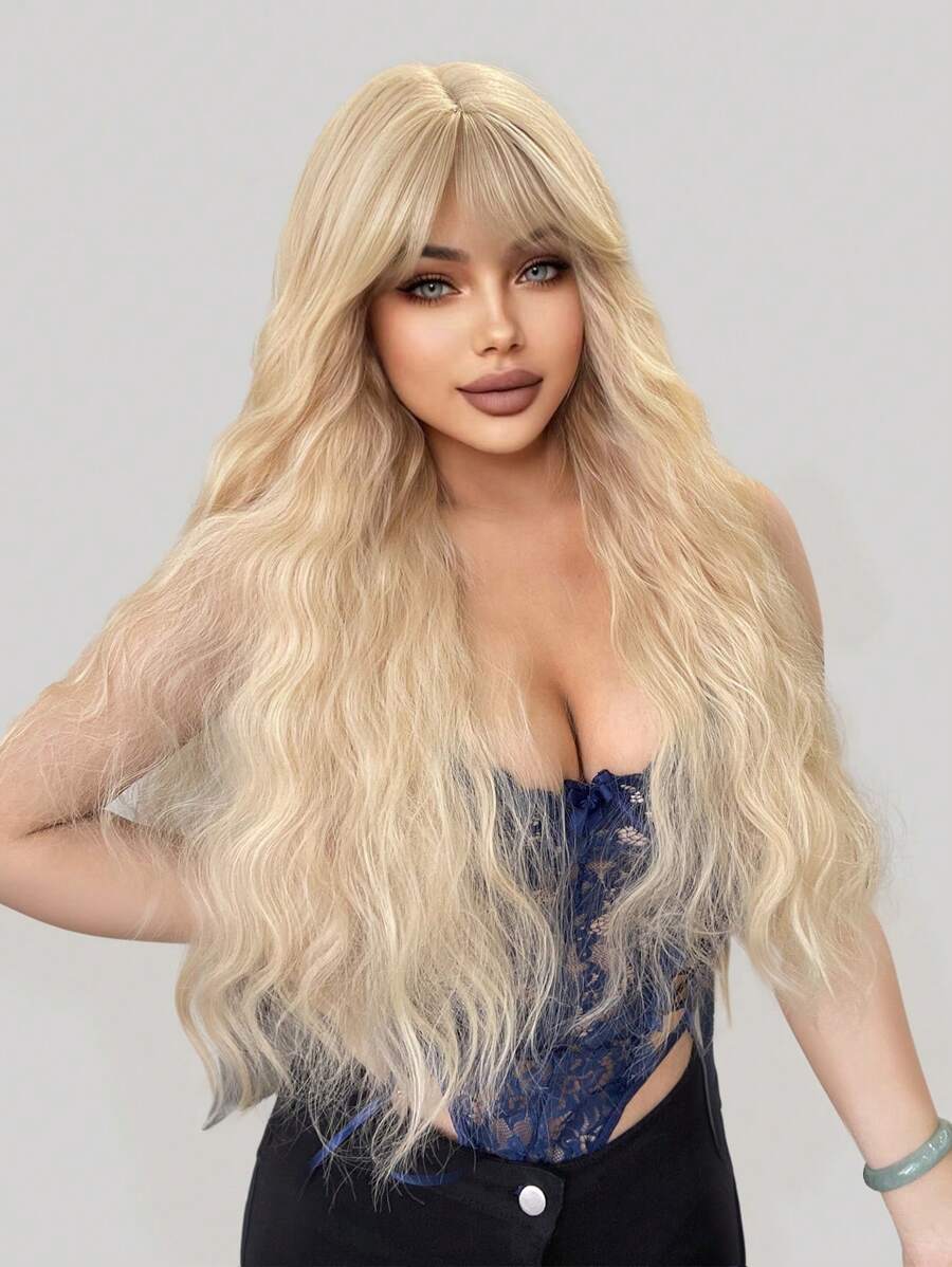 1 pieza Peluca de cabello sintético rizado resistente al calor con flequillo, dorada de 32 pulgadas tejida, natural y realista para uso diario