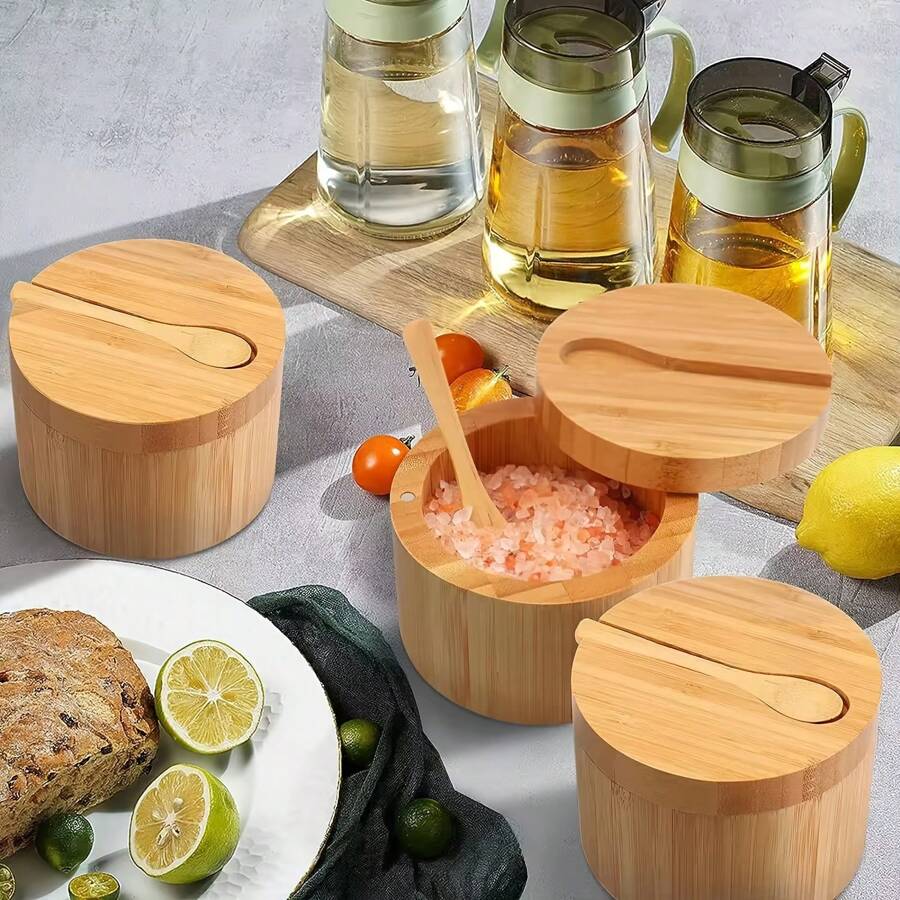 Pote para Temperos de Cozinha com Tampa Magnética Giratória, Caixa de Temperos de Madeira Maciça, Recipiente de Temperos Domésticos