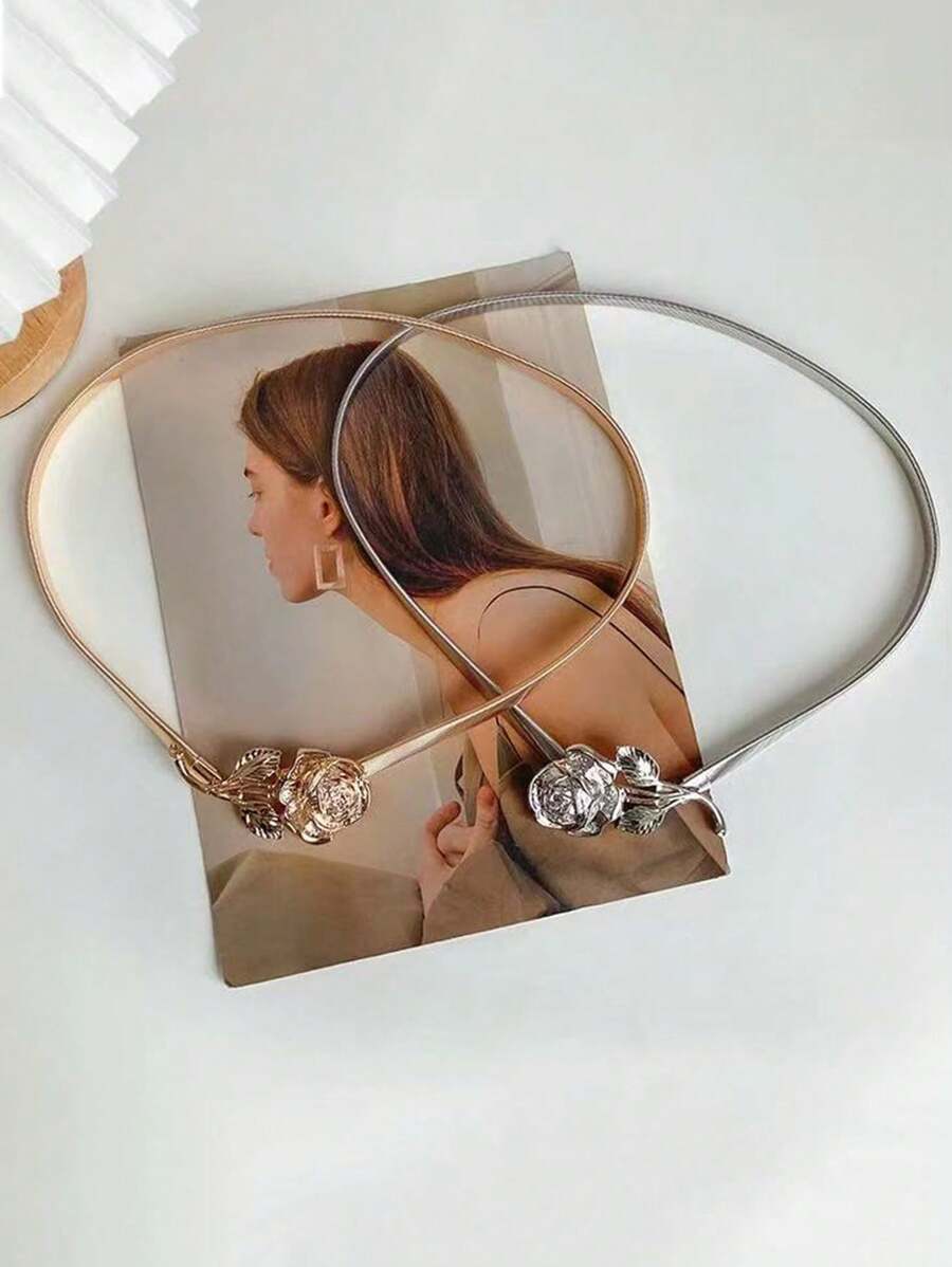1 peça de cinto elástico de metal fino, decoração com flores rosas, cinto versátil para saia-saia