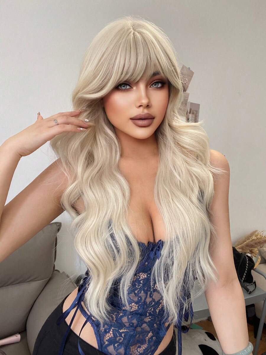 1-Piece Synthetic Heat Resistant Long Curly Wavy Hair With Bangs Wig Golden 28 Inch Fully Machine Woven Daily Natural Realistic Wig