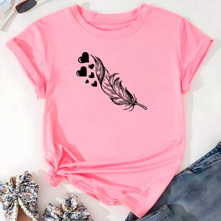 Camiseta T-Shirt Feminina Pena Coração Algodão Camisa Blusa