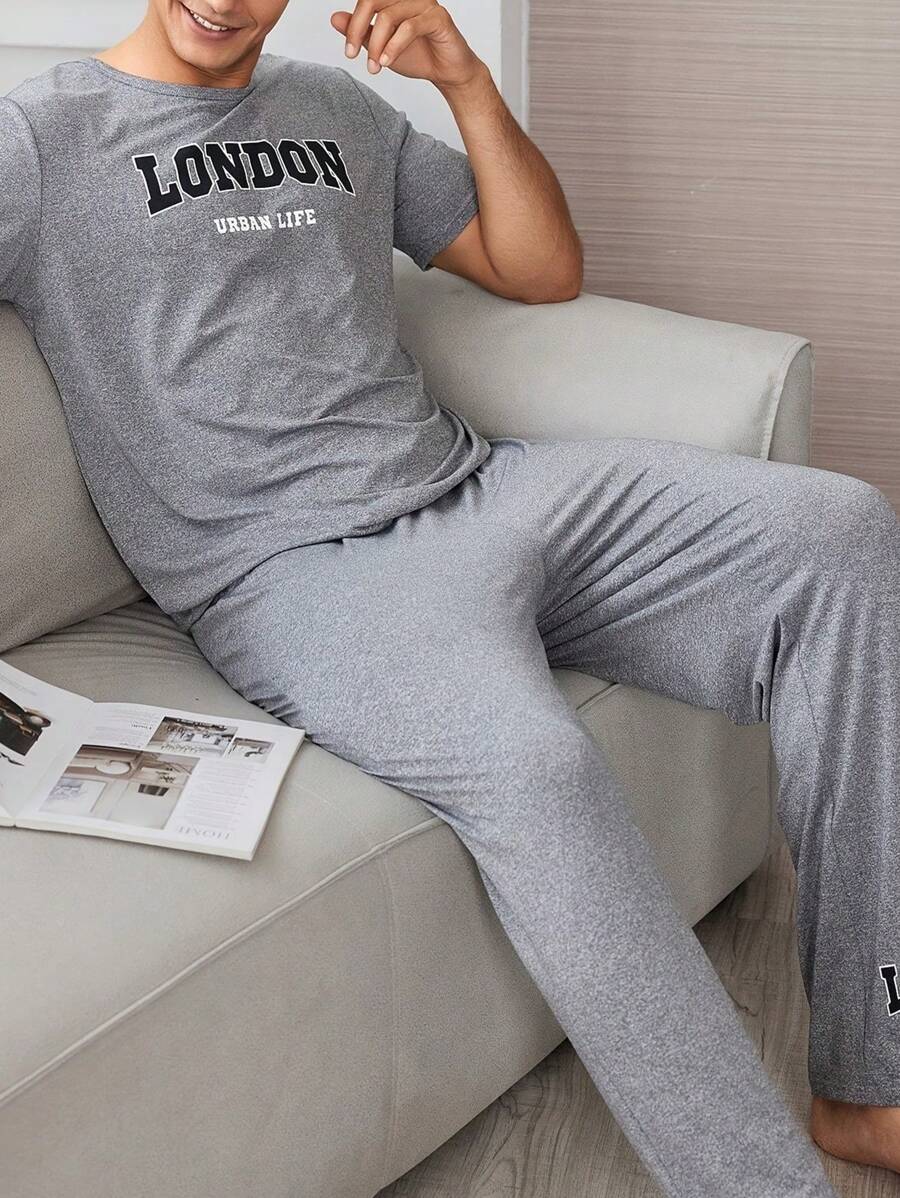 Conjunto de pijama casual de cuello redondo ligero para hombres, camisa de manga corta con estampado de letras y pantalones, ropa de casa cómoda, primavera/verano