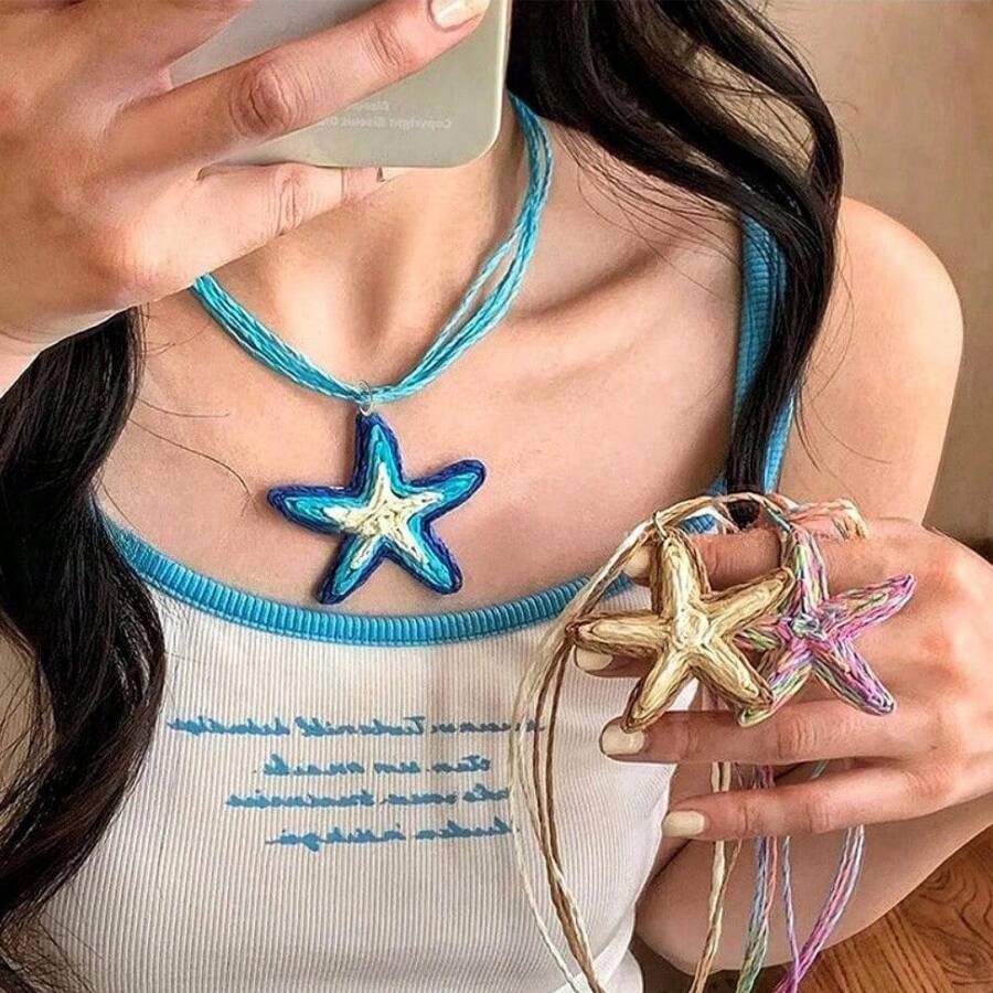 1 pieza Collar con forma de estrella de mar tejida en azul isla, collar de clavícula de estilo resort de playa único para mujeres, para el verano
