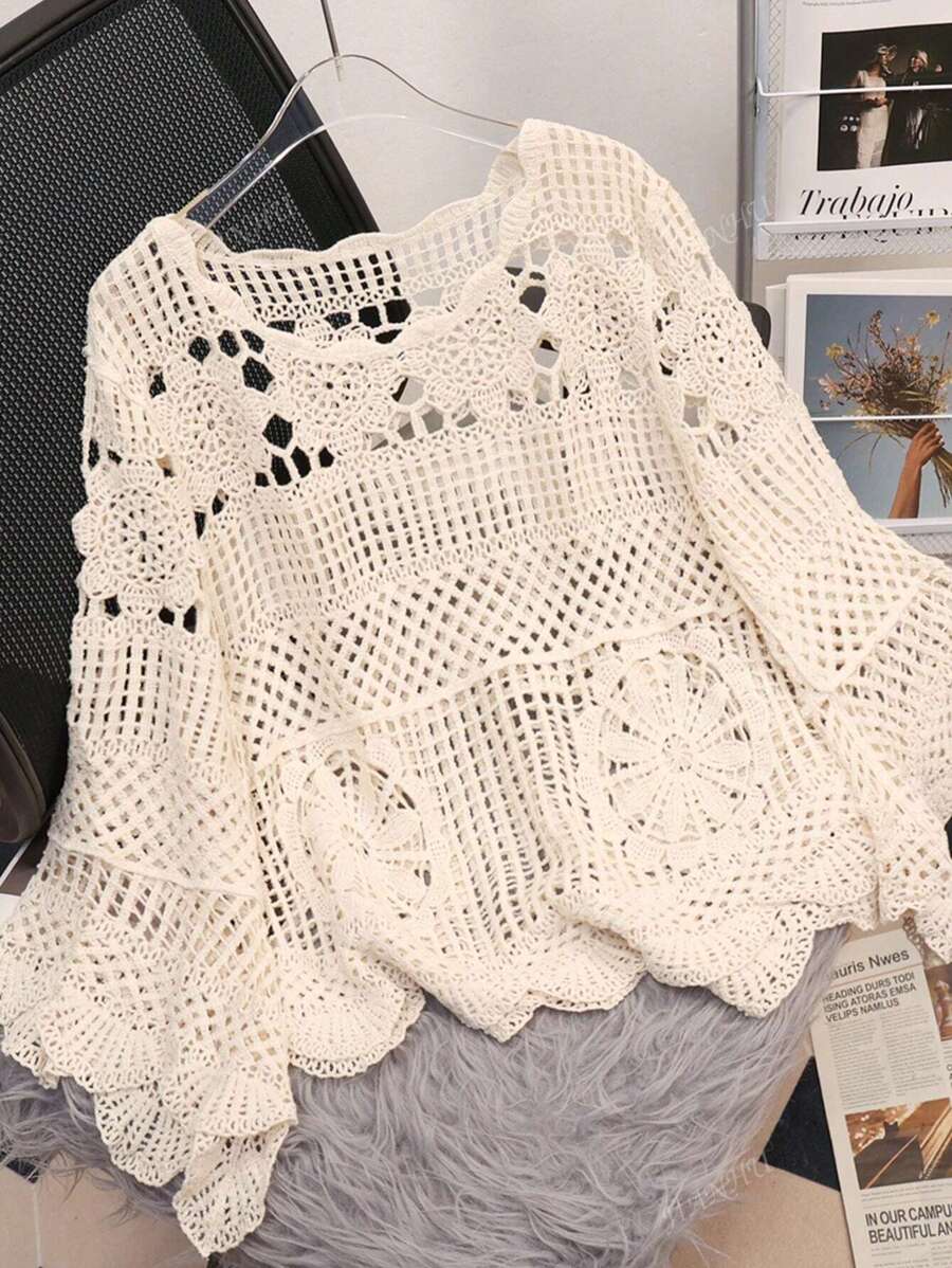 JIANHU Boho Crochet Hollow Knit Blouse – Spring Fall Lightweight Sweater Top, Vintage Loose Fit Pullover For Layered Casual Outfits
