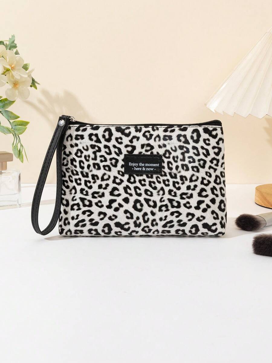 1 pezzo Borsa cosmetica portatile in pelle PU con stampa leopardata, comoda pochette per strumenti di trucco e articoli di bellezza