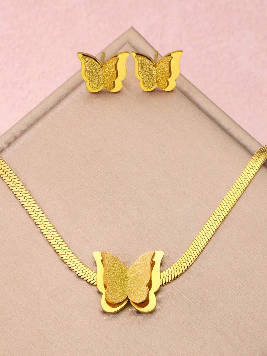 1Set/3Pcs Original Design Butterfly Earrings Bracelet Set Stainless Steel Lover Chain Earring Set For Women Jewelry Set Gift