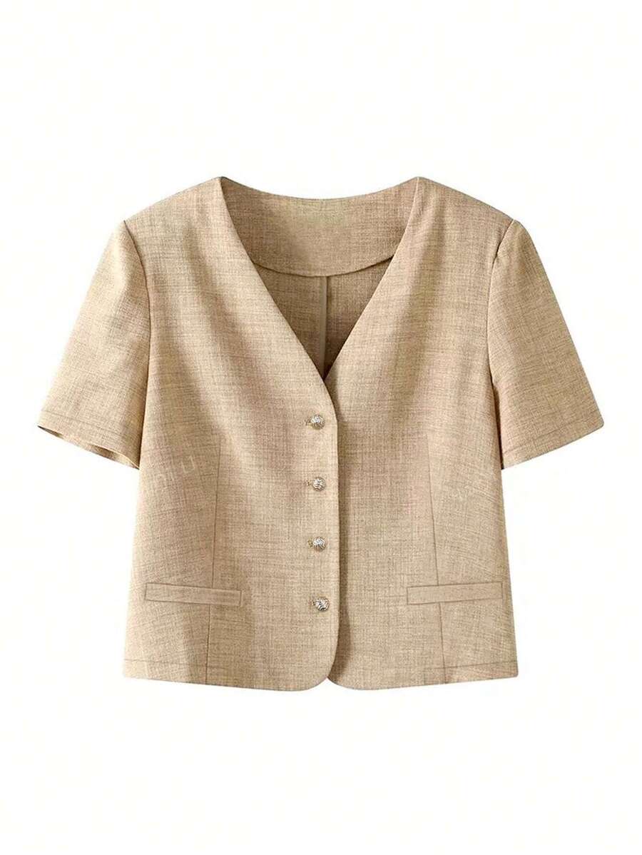 Blazer corto casual da donna bicolore, lavorato a maglia, monopetto, a maniche corte, adatto per primavera e estate