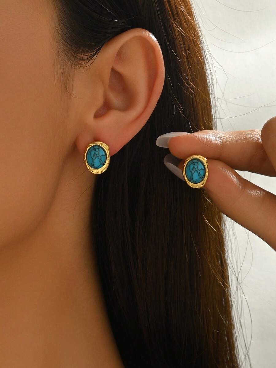 1 par de pendientes vintage elegantes de óvalo con turquesa, color rico, textura fina, diseño sofisticado pero simple, que añade Charm a tu apariencia