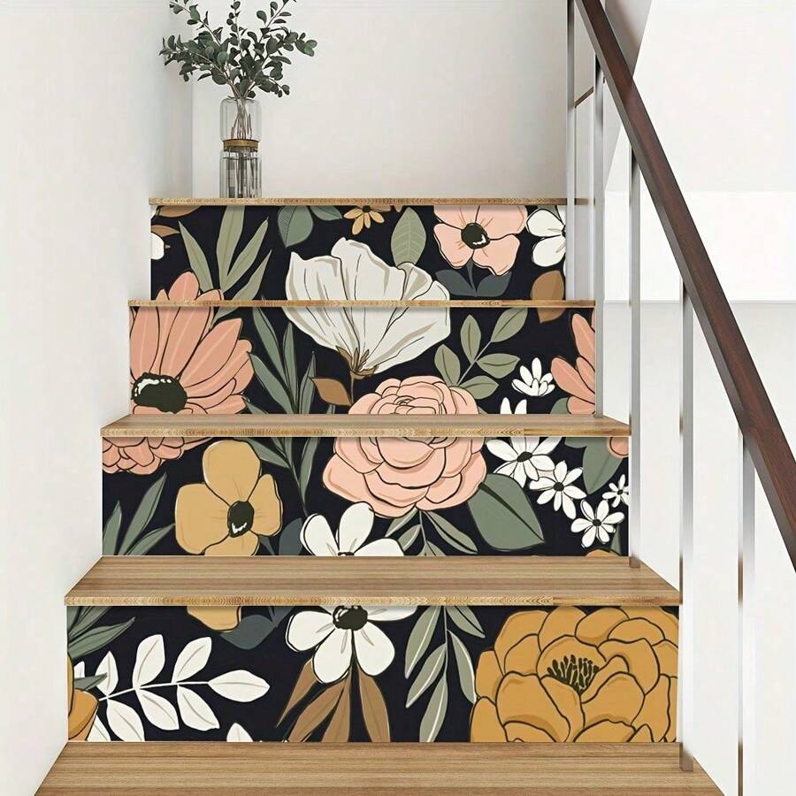 Autocolante detașabile pentru stâlpi de scară, 7 x 39 inch, pachet de 5 autocolante florale închise la culoare, autocolante impermeabile pentru mobilă, tapet autocolant, autocolante din vinil PVC, tapet cu model floral în stil boem, decor de perete, decor cameră, tapet, autocolante de perete, autocolant de perete