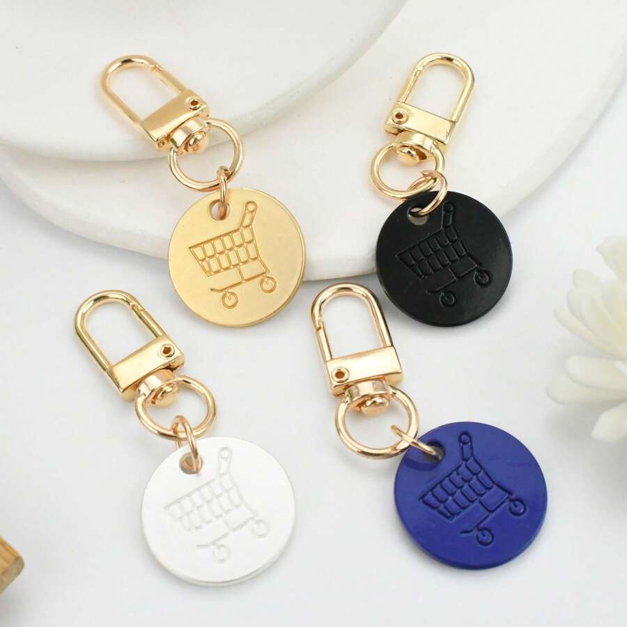 4pcs Shopping Cart Symbol Keychains, Fashionable Supermarket Trolley Zinc Alloy Keyring, Round Coin Logo Trolley Key Chain, Personalized Keychain For Home, Wallet, Car, Party & Holiday Gifts Car Accessories Bag Charm School
