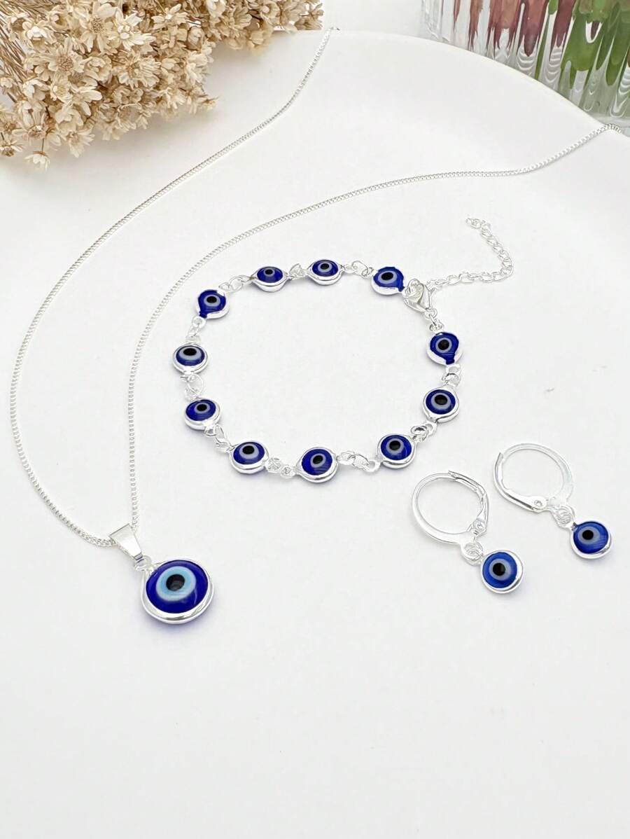 KIT 4 colar com pingente de mau olhado + pulseira + brincos, banhado a prata 925