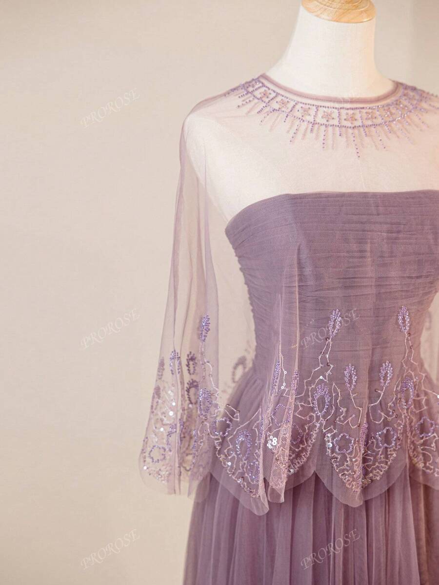 Elegante e raffinato abito da sera/abito in stile derby con sovrapposizione in rete viola, con scialle in pizzo, vestito formale, da cocktail, abito da sera, per invitati a matrimoni