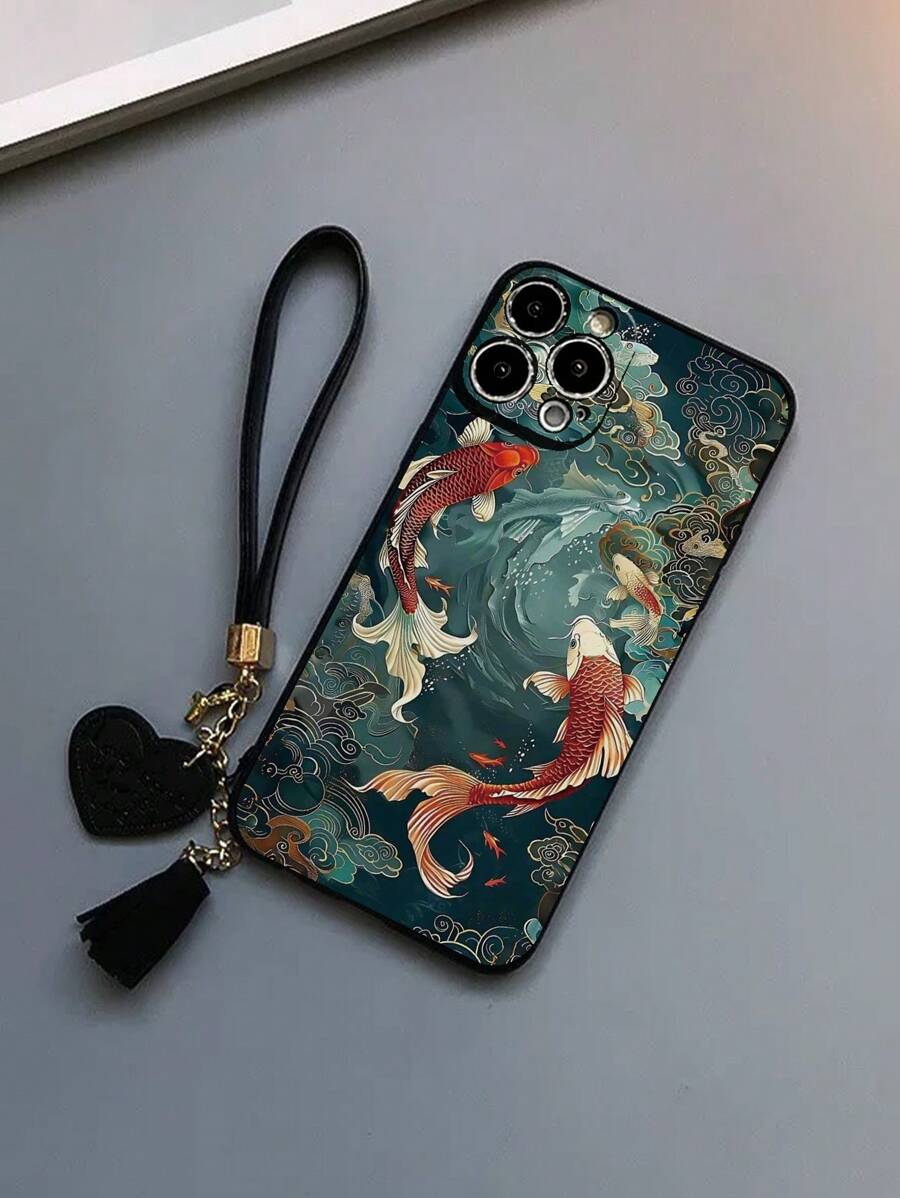 1 pieza Funda de teléfono reforzada con diseño pintado de animal y borde recto perforado, que incluye cordón decorativo con forma de corazón, dije DIY y muñequera corta