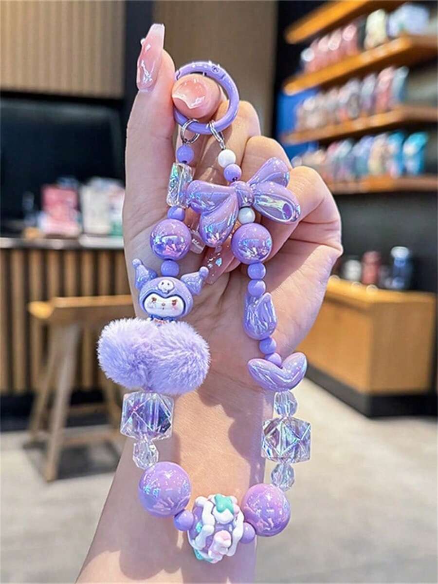 Sanrio 1pc Sanrio Brand Pompom Phone Case Strap Chain Camera Hanging Decor, Hand-Drawn Beaded Phone Charm, Bag & Key Chain Accessory
