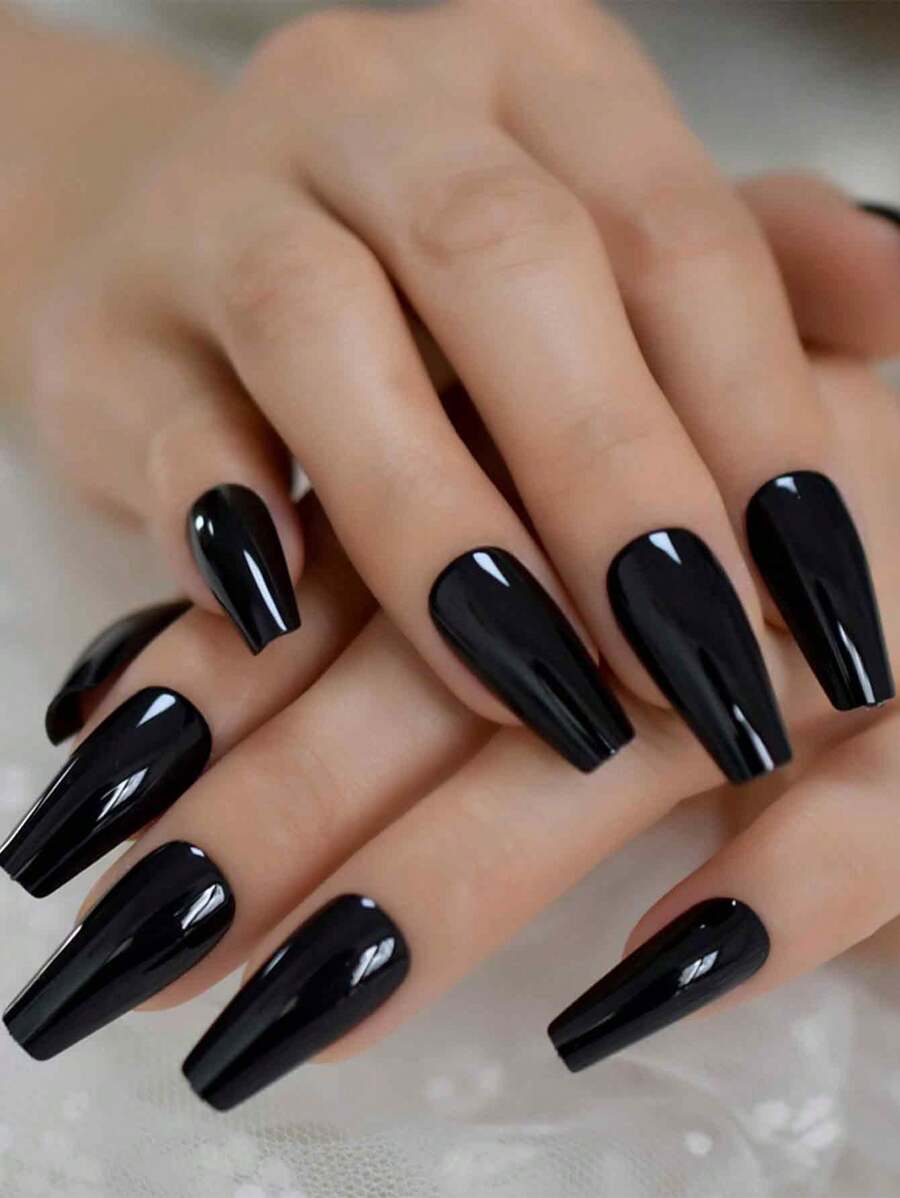 24pcs Glossy Solid Color Medium Coffin Ballet Fingernails Press On Nails Fake Nails Art For Outdoor Travel With Tools Bag