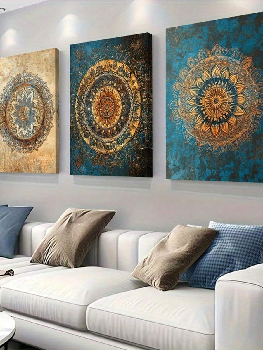 3 pièces Œuvre murale sur canevas de style mandala, œuvre d'art bohème vintage dorée et bleu-vert, décoration murale géométrique élégante, décoration d'intérieur spirituelle pour le salon, la chambre à coucher, le bureau