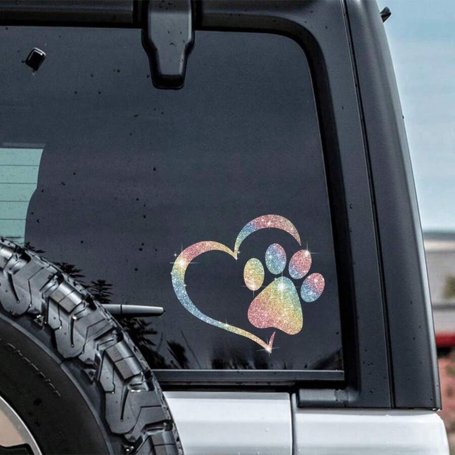 1pc Dog Palm Print Heart Shaped Design Innovative Imitation Diamond Sticker Shiny Cute Car Stickers Car Styling Cartoon Stickers For Car Motorcycle