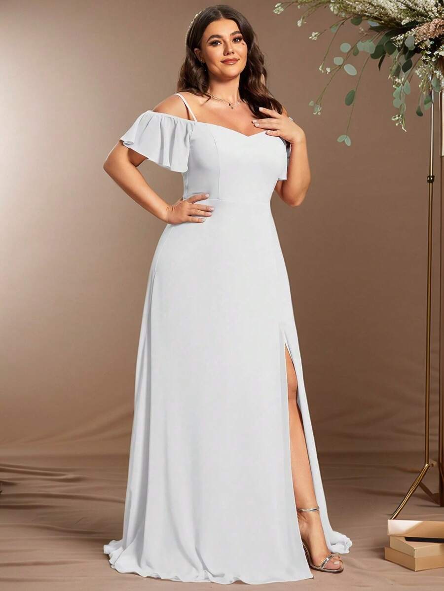 Romantisches Chiffon-Kleid mit Off-Shoulder, bodenlang, hohem Schlitz, ideal für Junggesellinnenabschied, Bridal-Shower, Hochzeit, Brautkleid, Cocktailkleid, Verlobungskleid in Große Größen