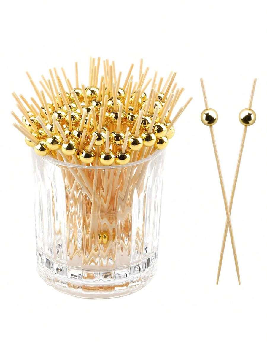 200 pièces de cure-dents de cocktail, cure-dents de fantaisie pour les apéritifs, décoration pour les apéritifs, les boissons, les fêtes, les fruits, bâtonnets en bambou à boule dorée