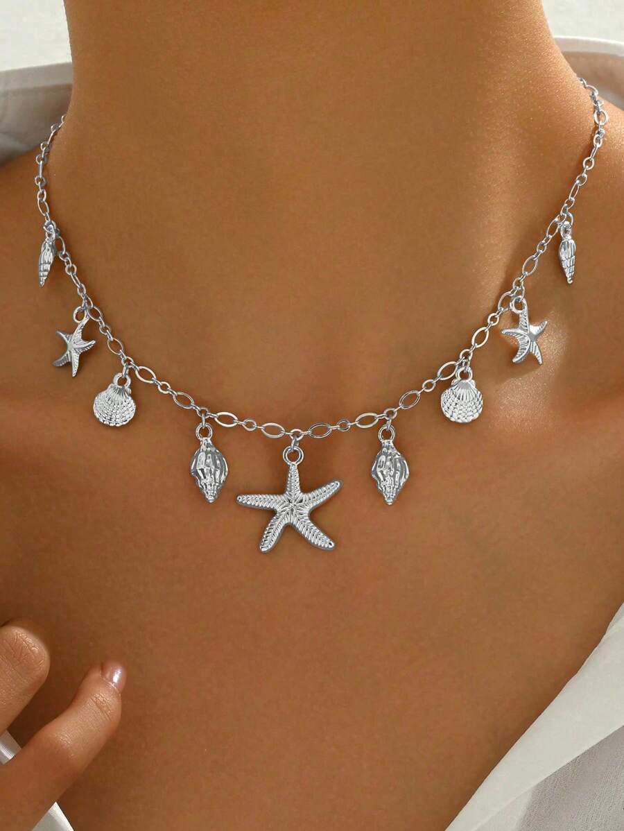 1 pieza Collar colgante con concha y caracol de estilo playa creativo, versátil para uso diario y vacaciones de verano