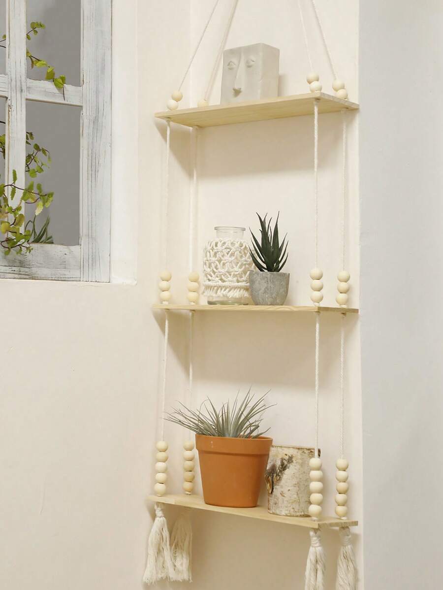 1 pièce d'étagère murale de style bohème tressée à la main - étagère murale flottante en bois avec perles en bois, convient pour la décoration de style ferme, étagère suspendue vintage pour la chambre, le salon, la chambre d'enfant, pour tenir des plantes en pot, vases, cristaux, quartz, décorations