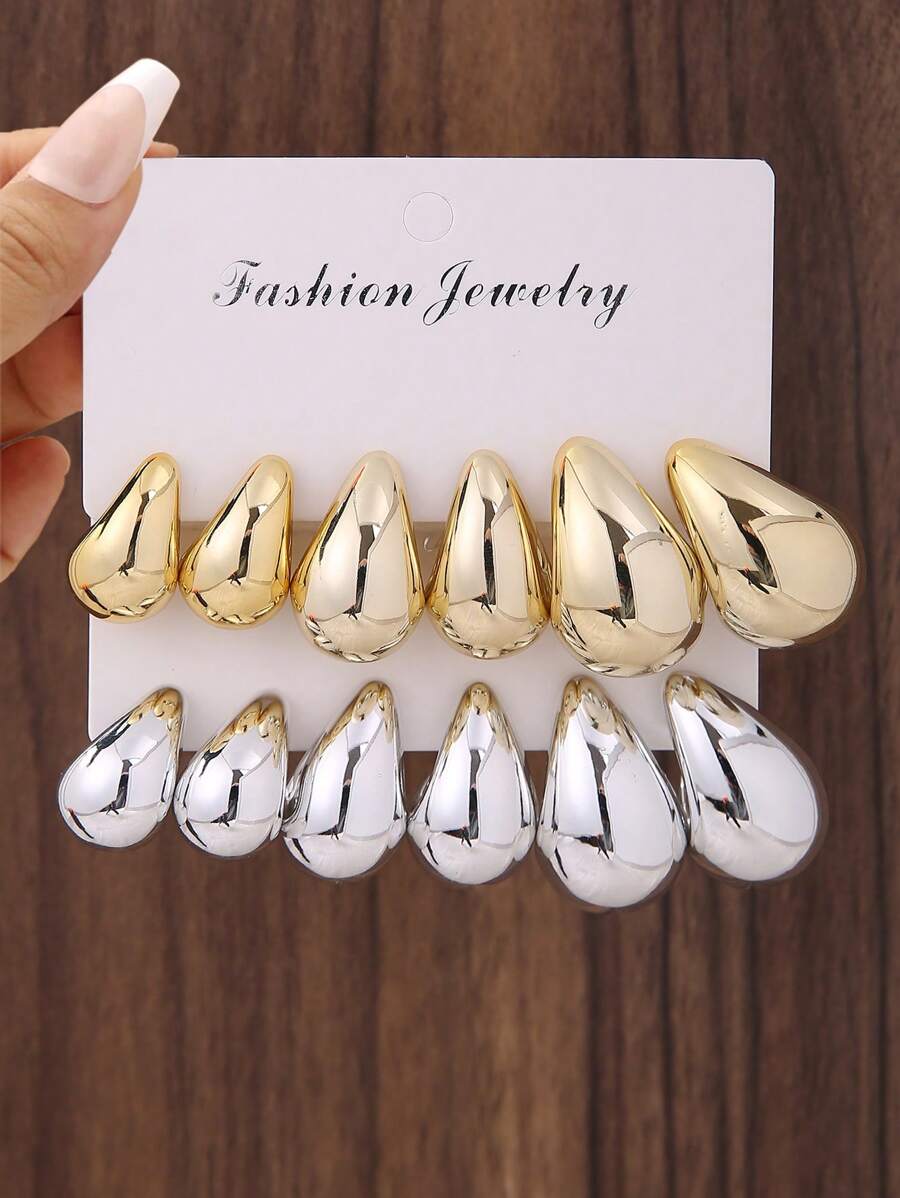 12pcs Gold & Silver Water Drop Shaped Women Fashion Earrings Set