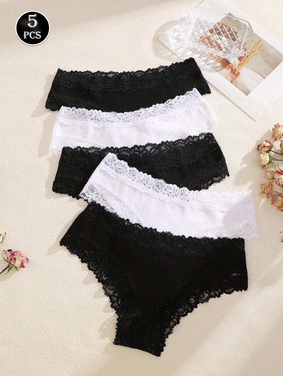 5 pièces Culottes triangulaires pour femmes, de couleur unie avec bord en dentelle rayé, sexy et respirant