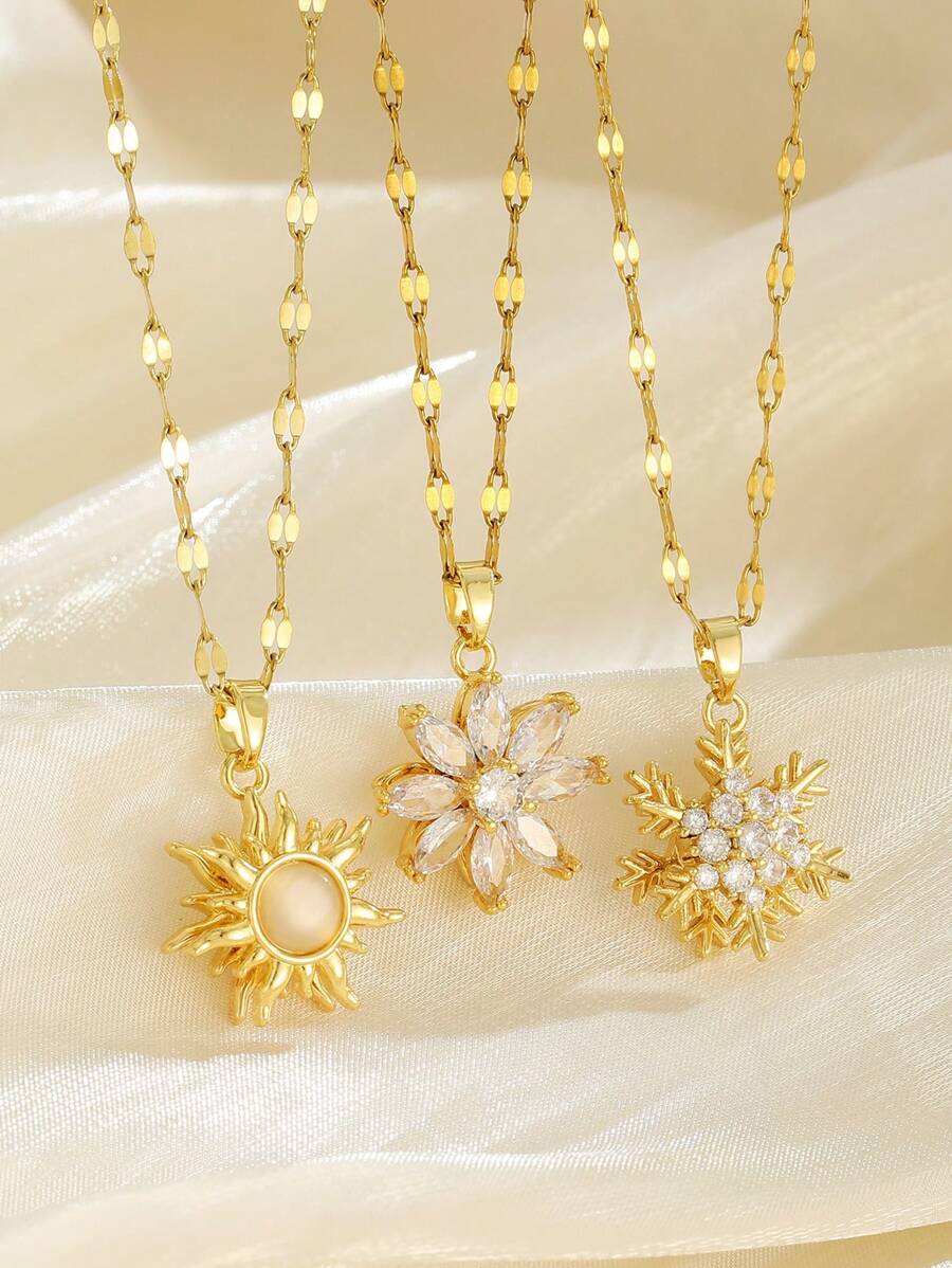 1pc Gold Elegant Fashion Sunflower Snowflake Eight-Petal Flower Man-Made Zirconia Pendant Stainless Steel Necklace For Girls Summer Daily Wear, Summer Holiday Beach Party Dance Travel Decoration Jewelry For Holiday Birthday To Give Her/Him A Beautiful Gift