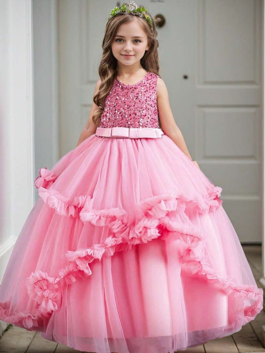 4-Season Tween Girl Sequin Multilayer Mesh Princess Dress, Lovely Banquet Graduation Gown