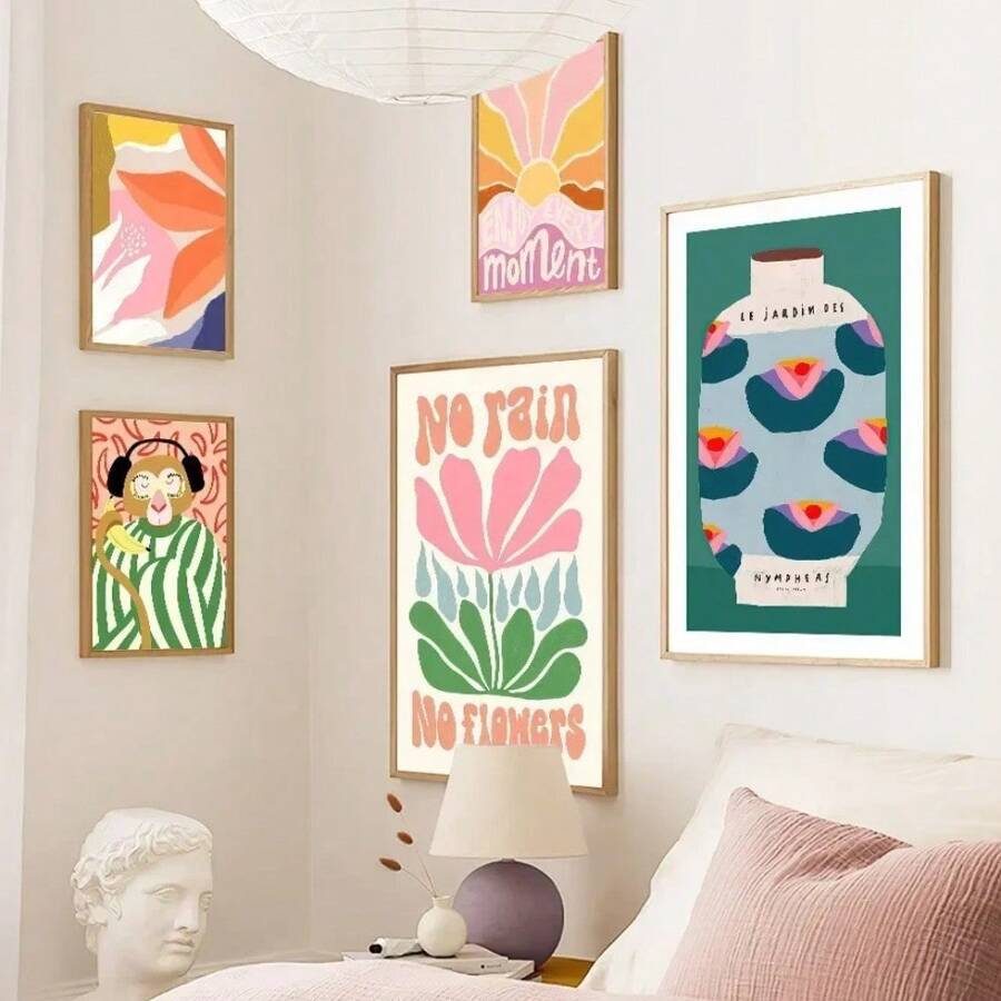 1 pièce Peinture sur canevas abstraite avec singe, fleurs, vase, fille au café. Impression murale pour décoration du salon. Cadre en option.