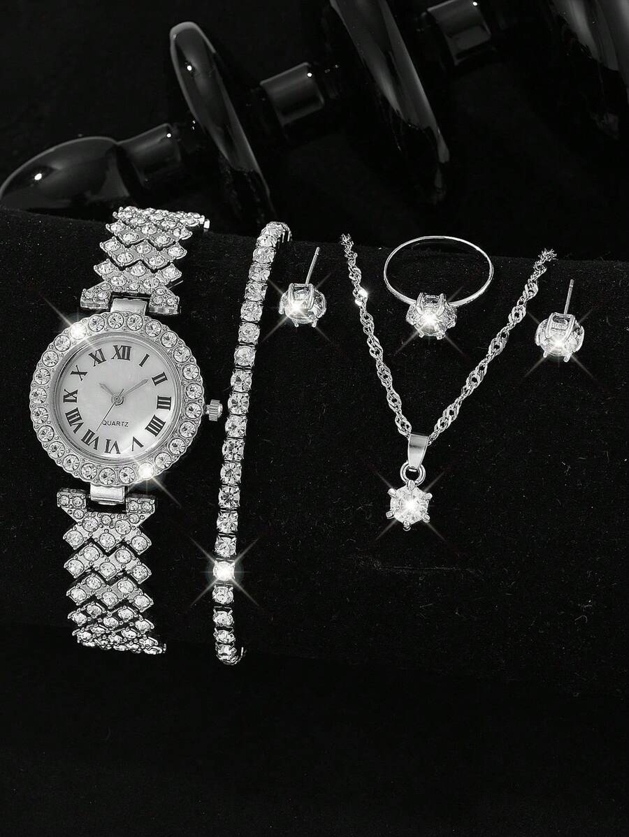 Conjunto de 6 piezas: Reloj de cuarzo con esfera romana de lujo con diamantes, juego con pulsera, collar, anillo y aretes