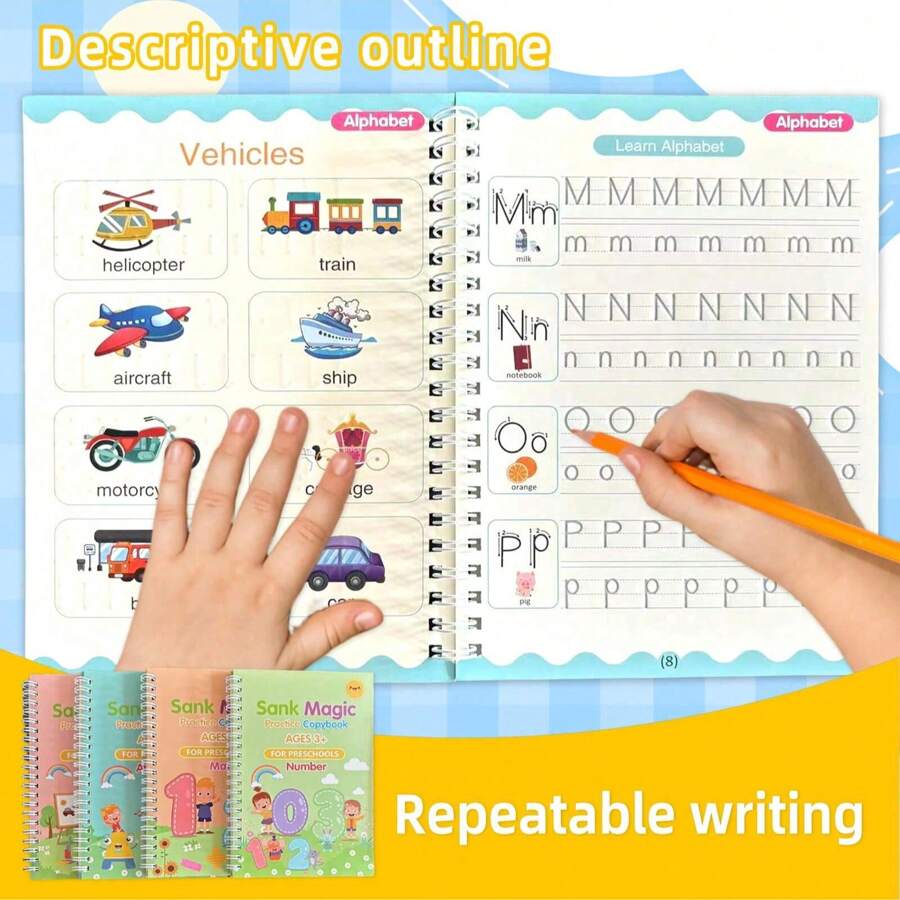 Juego de 4 PIEZAS que incluye: Cuadernos de ejercicios de lectura y escritura + Bolígrafo, Protector de mano, Ejercicios de aprendizaje de fuentes, Libro de práctica del alfabeto inglés, Libro de trazado de animación, Libro de copia de escritura, Libro de práctica de caligrafía, Material escolar de aprendizaje, Regalo para niños y niñas (Color del bolígrafo aleatorio)